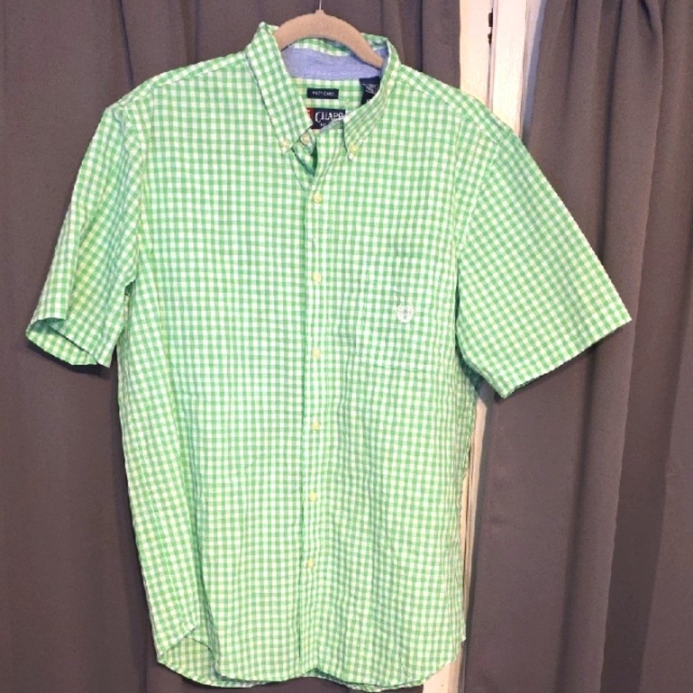 Chaps Easy Care Men's Short Sleeve Button Down Green/White Checkered Sz L‎ EUG